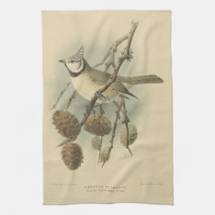 Vintage Illustration of European Crested Tit Kitchen Towel