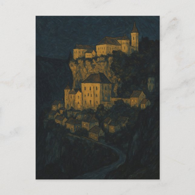 Vintage illustration of Rocamadour at dusk Postcard (Front)