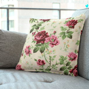 Vintage illustration of roses on neutral base throw pillow