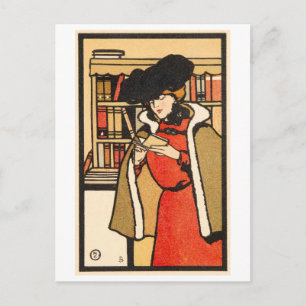 Vintage Illustration of Woman Reading a Book Postcard