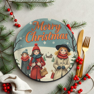 Vintage Illustration People going to Church Paper Plate