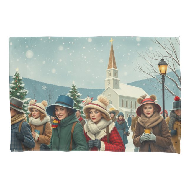 Vintage Illustration People leaving Church Pillowcase (Front)