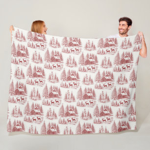 Vintage Illustration Reindeer and Houses Winter Fleece Blanket