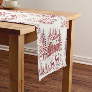Vintage Illustration Reindeer and Houses Winter Short Table Runner