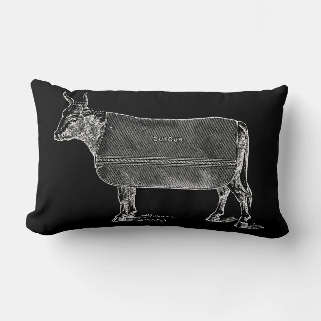 VINTAGE ILLUSTRATION White Cow Black Pillow (Front)