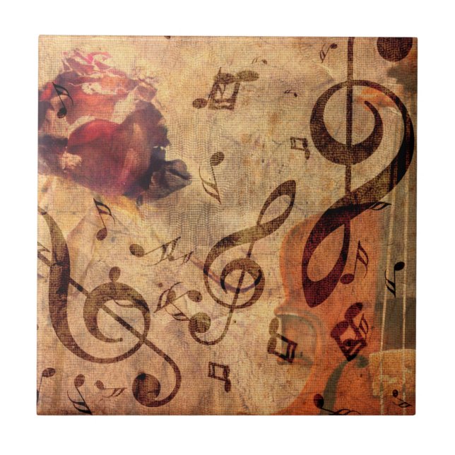Vintage illustration with rose and violin tile (Front)