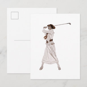 Vintage illustration woman golfing postcard