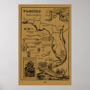 Vintage Illustrative Map of Florida (1912) - Tan Poster