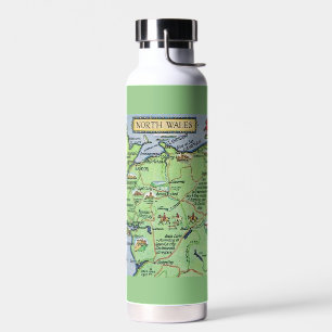 Vintage Ilustrated Map of North Wales  Water Bottle