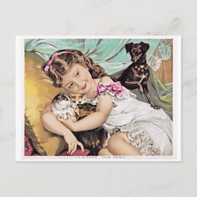 Vintage Image, Little Girl Cuddling Kittens Postcard (Front)