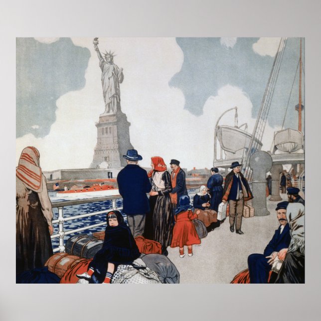 Vintage Immigrants and Statue of Liberty Art Poster (Front)