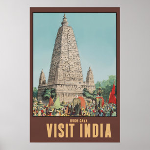 Vintage India Bodh Gaya Mahabodhi Temple Travel Poster