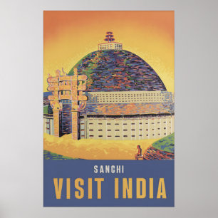 Vintage India Sanchi Stupa Travel Poster Buddhist