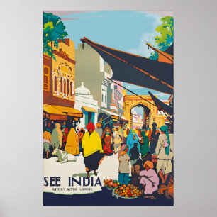Vintage India Travel Poster Lahore Street Scene