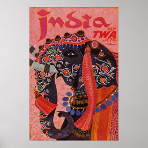 Vintage India Travel PosterPrint, Elephant Tourism Poster
