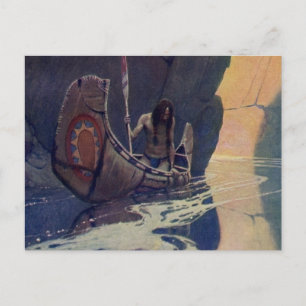 Vintage Indian Canoe Paddling Sun Classic Postcard
