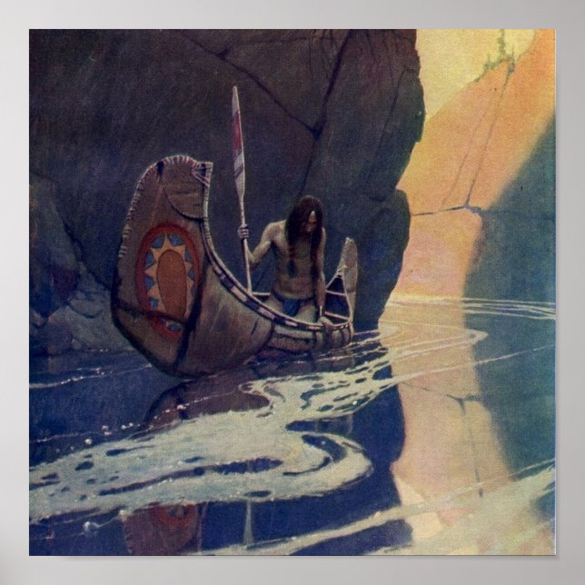 Vintage Indian Canoe Paddling Sun Classic Poster (Front)