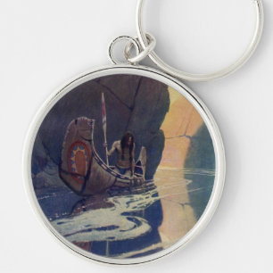 Vintage Indian Canoe Paddling with Sun Symbol Keychain