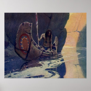 Vintage Indian Canoe Paddling with Sun Symbol Poster
