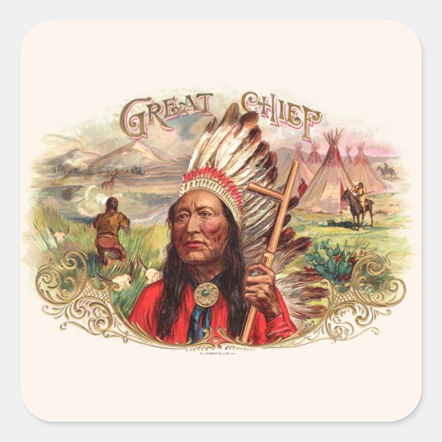 Vintage Indian Great Chief Cigar Box Square Sticker (Front)