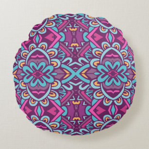 Vintage indian retro stylized flowers and rhombus. round pillow