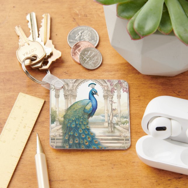 Vintage Indian Style Floral Garden Peacock Keychain (Desk)