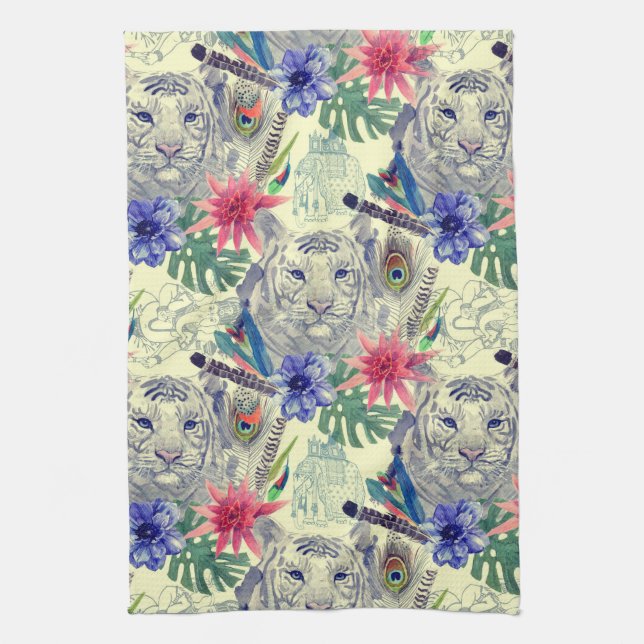Vintage Indian Style Tiger Pattern Kitchen Towel (Vertical)