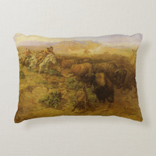 Vintage Indians, Buffalo Hunt by CM Russell Decorative Pillow