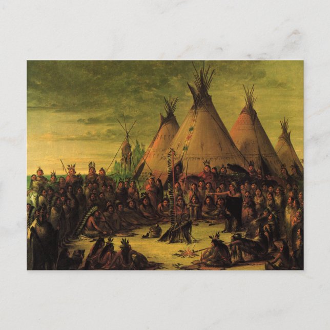 Vintage Indians, Sioux War Council by Catlin Postcard (Front)