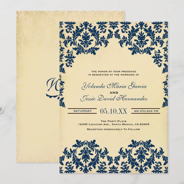 Vintage Indigo, Damask Wedding Invitation (Front/Back)