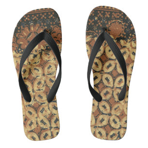 Vintage Indonesian Batik Kawung Pattern Rustic Flip Flops