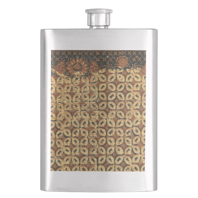 Vintage Indonesian Batik Kawung Pattern Rustic Hip Flask (Front)
