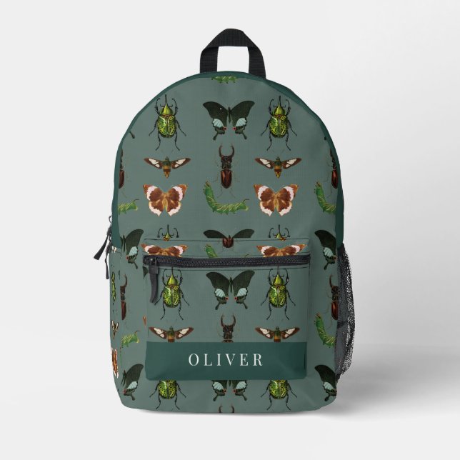 Vintage Insects & Bugs Pattern Green Printed Backpack (Front)