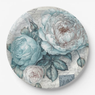 Vintage Inspired Blue Shabby Chic Florals Paper Plate