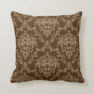 Vintage Inspired Brown Damask Throw Pillow
