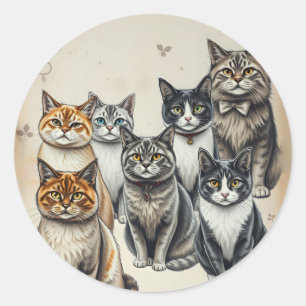 Vintage-Inspired Cat Family Portrait Classic Round Sticker