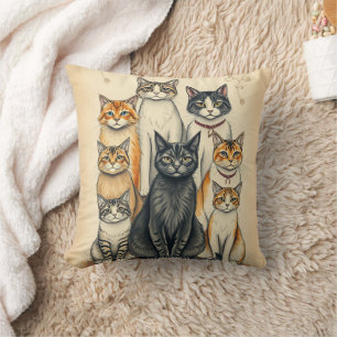 Vintage-Inspired Cat Family Portrait Throw Pillow