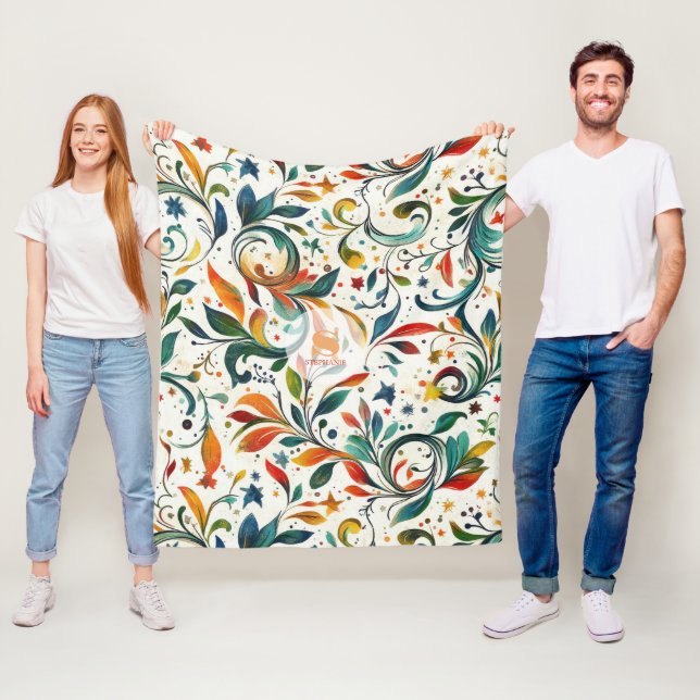 Vintage-Inspired Colourful Paisley Leaf Pattern Fleece Blanket (In Situ)