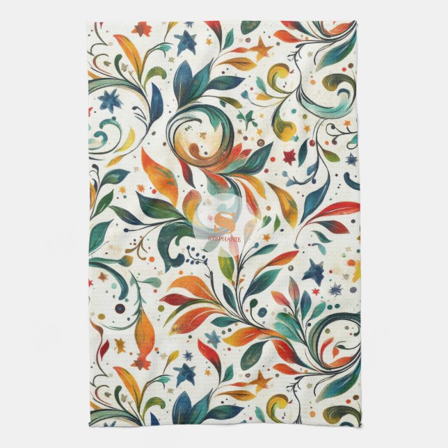Vintage-Inspired Colourful Paisley Leaf Pattern Kitchen Towel (Vertical)