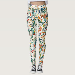 Vintage-Inspired Colourful Paisley Leaf Pattern Leggings