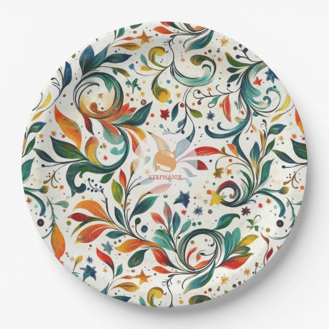 Vintage-Inspired Colourful Paisley Leaf Pattern Paper Plate (Front)