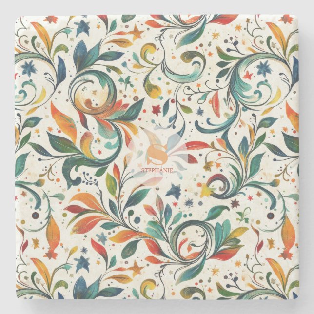 Vintage-Inspired Colourful Paisley Leaf Pattern Stone Coaster (Front)