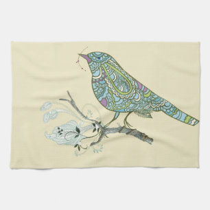 Vintage Inspired Cute Patterned Bird On A Branch Kitchen Towel