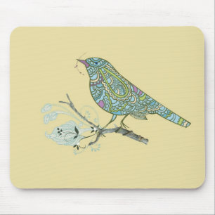 Vintage Inspired Cute Patterned Bird On A Branch Mouse Pad