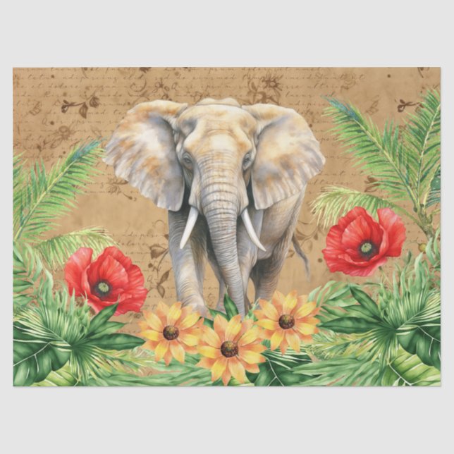 Vintage Inspired Elephant & Red Poppies Decoupage  Tissue Paper (Front)