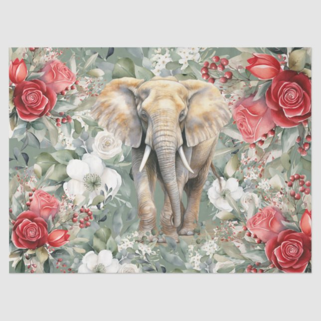 Vintage Inspired Elephant & Red Roses Decoupage  Tissue Paper (Front)