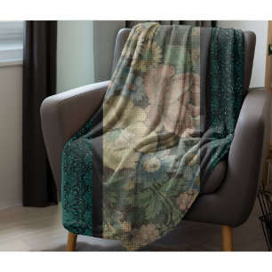 Vintage Inspired Floral Burlap and Dark Teal Fleece Blanket