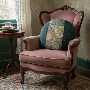Vintage Inspired Floral Burlap and Dark Teal Round Pillow