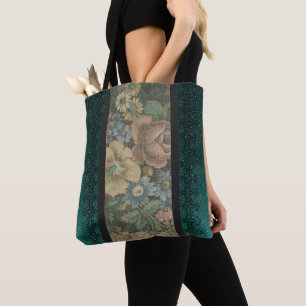 Vintage Inspired Floral Burlap and Dark Teal Tote Bag