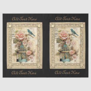 Vintage Inspired Framed Bird & Cage Script Tissue Paper